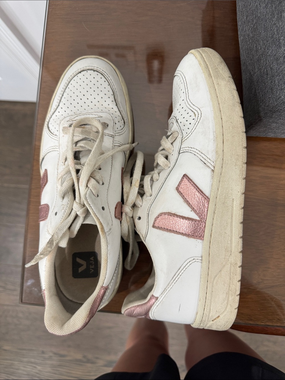 Veja White Sneakers with Pink Metallic V Accents